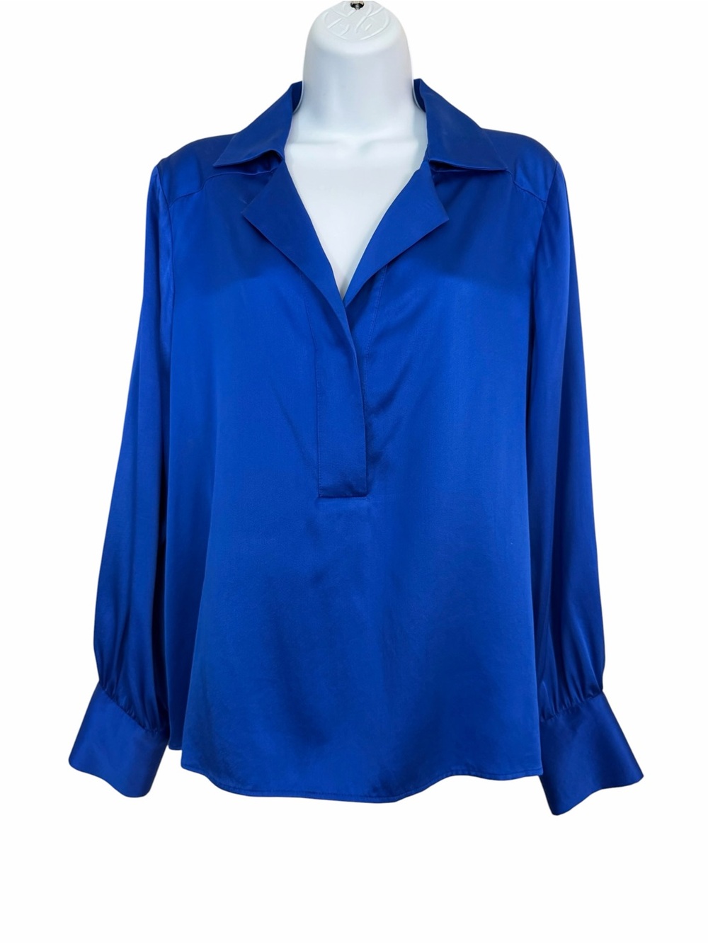 Antonio Melani Royal Blue Silk Blouse Size Medium Split V-neck Classic Timeless